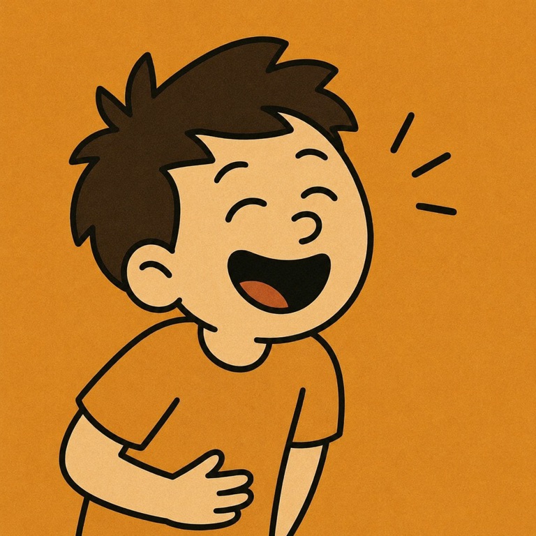 Cartoon boy laughing so hard he holds his belly