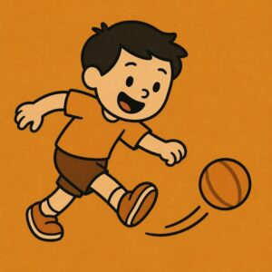 Cartoon boy grinning while kicking a ball