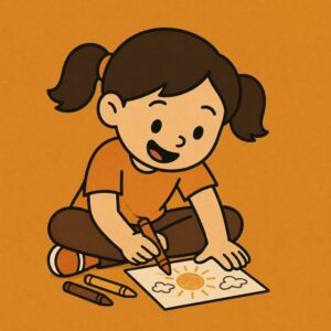 Cartoon girl happily drawing with crayons