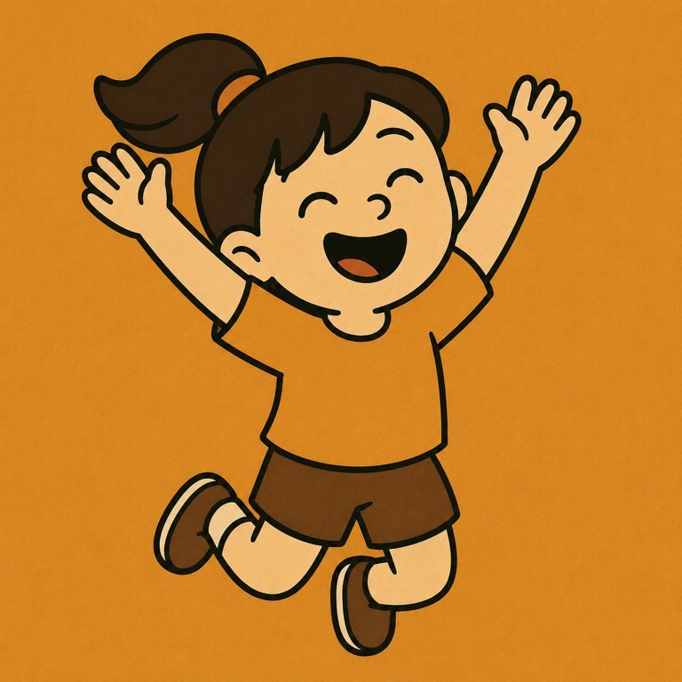 Cartoon kid jumping for joy and laughing