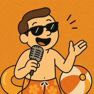 Cartoon kid in sunglasses singing into a microphone with a beach ball and pool float