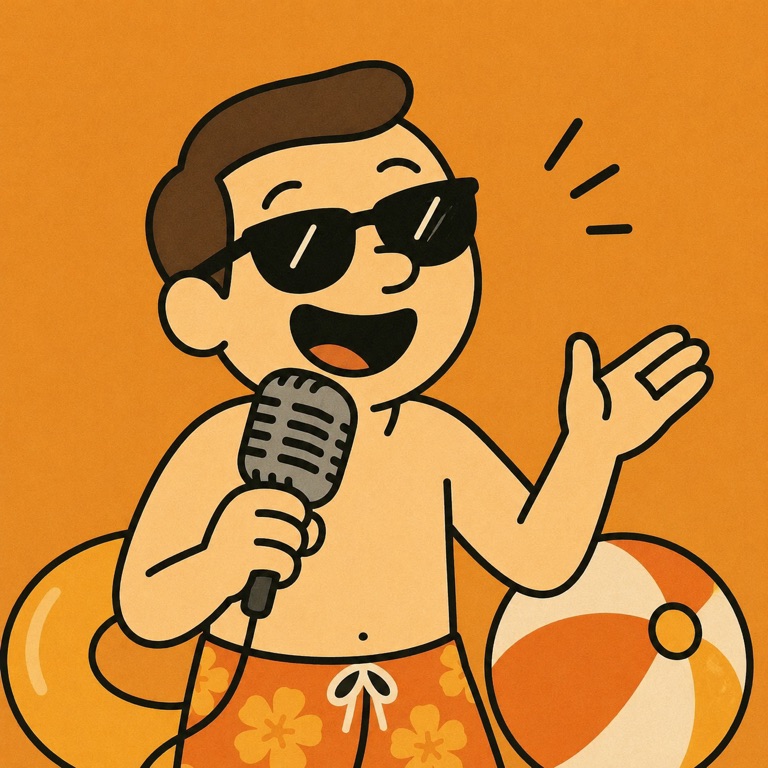 Cartoon kid in sunglasses singing into a microphone with a beach ball and pool float