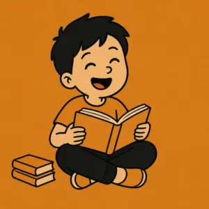Child laughing while reading an open book