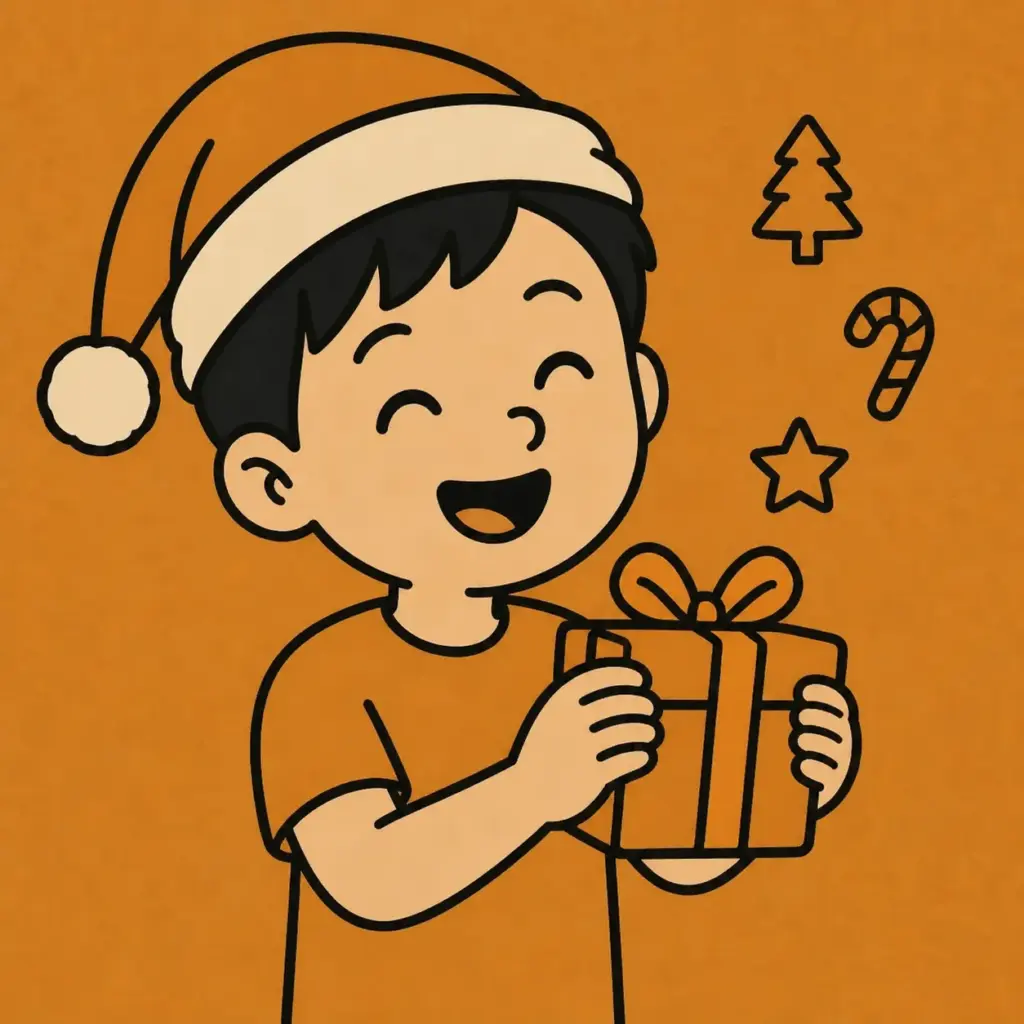 Laughing child holding a present in the AllDayJokes Christmas style
