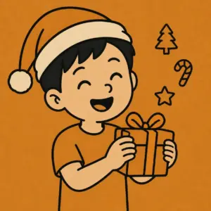 Laughing child holding a present in the AllDayJokes Christmas style