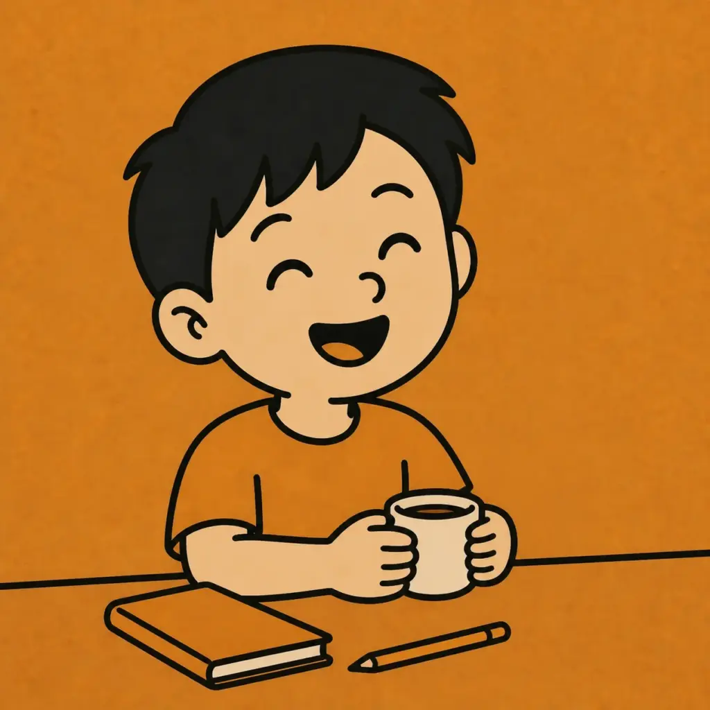 Laughing boy at a desk holding a mug in the AllDayJokes orange style