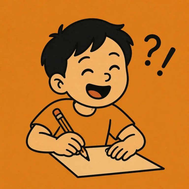 Child laughing while writing with a pencil