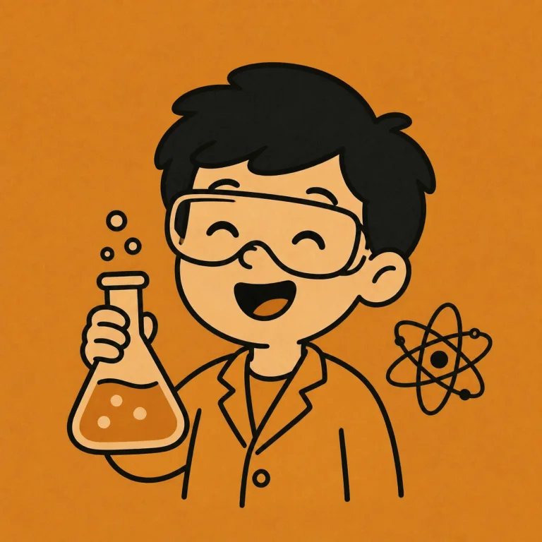 Child scientist laughing while holding a flask