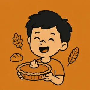 Laughing child holding pumpkin pie in the AllDayJokes Thanksgiving style