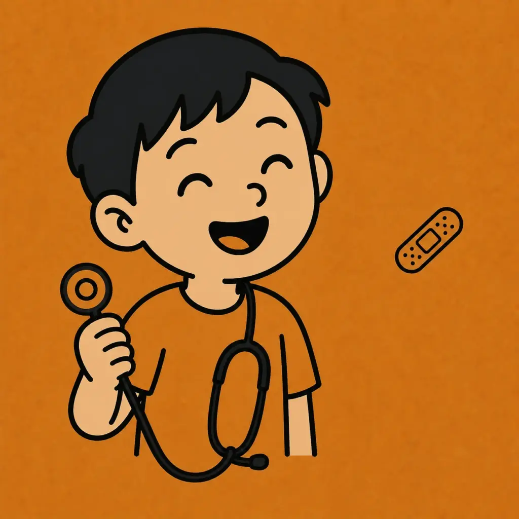 Laughing boy holding a stethoscope on an orange background