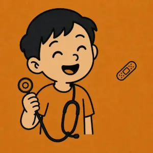 Laughing boy holding a stethoscope on an orange background