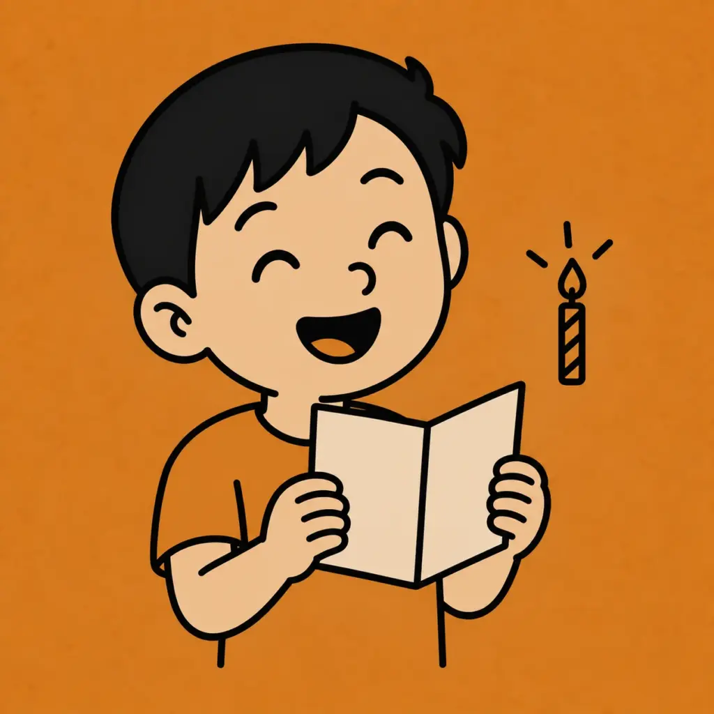 Laughing boy holding a blank birthday card beside a candle outline