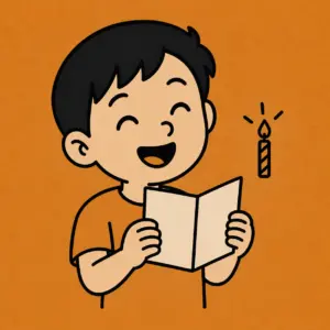 Laughing boy holding a blank birthday card beside a candle outline