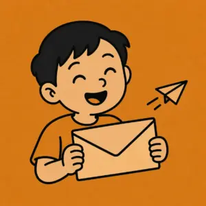 Laughing boy holding a blank envelope beside a paper-airplane outline