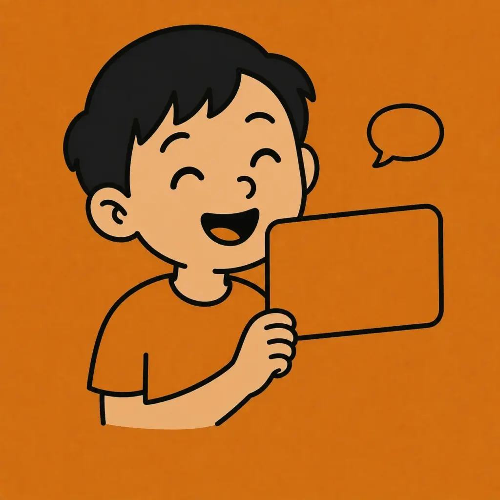 Laughing boy holding a blank conversation card on an orange background