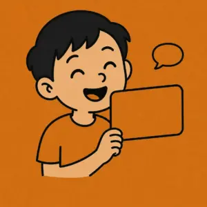 Laughing boy holding a blank conversation card on an orange background