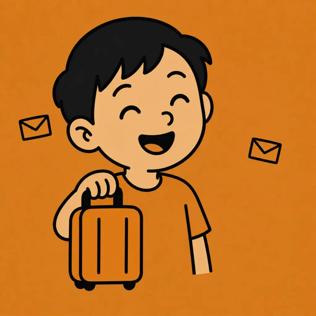 Laughing boy holding a suitcase with small envelope icons on an orange background