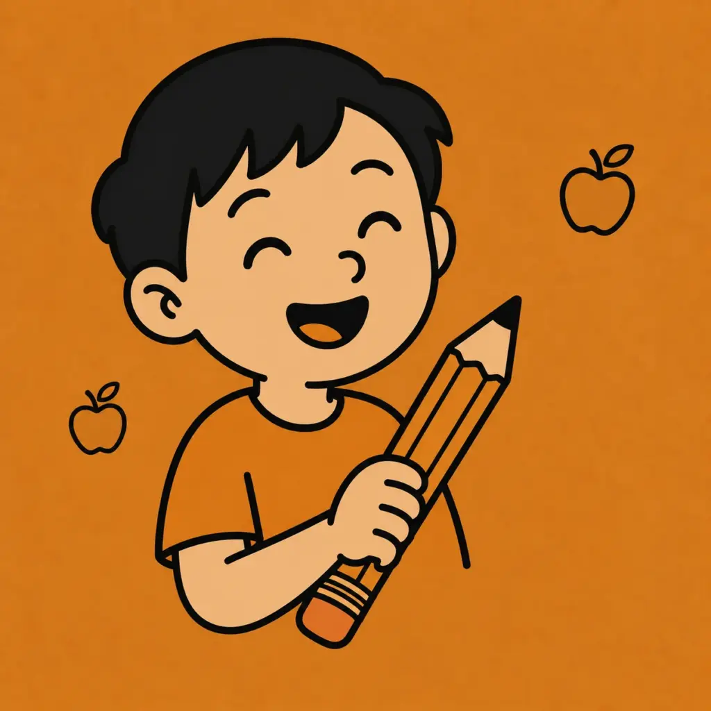 Laughing boy holding a large pencil on an orange background